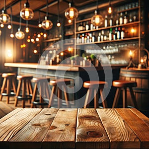Empty wooden table with blur rustic bar restaurant cafe backgrou