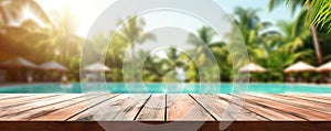 Empty wooden table with blur summer beach on background, copy space for text