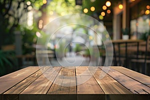 empty wooden table, blurred background of cafe patio seating