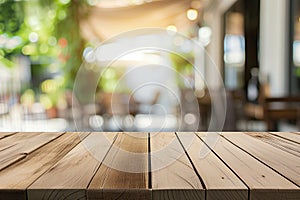empty wooden table, blurred background of cafe patio seating