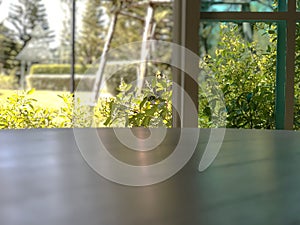 Empty wooden table with blurred background with window and garden