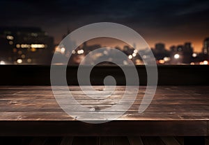 Empty wooden table and blurred city at night background, product display montage