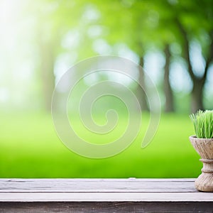 Empty wooden table with blurred green garden background. For product display