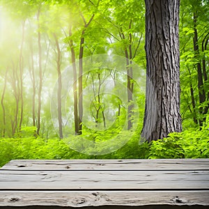 Empty wooden table with blurred green garden background. For product display