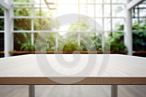 Empty wooden table and blurred greenhouse background