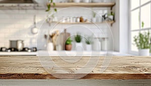 Empty wooden table with a blurred kitchen bench in the background, minimalist interior concept