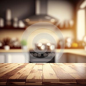 Empty wooden table and blurred kitchen white wall background Wood table top on blur kitchen counter