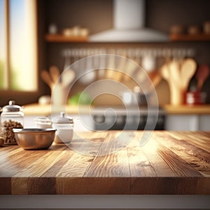 Empty wooden table and blurred kitchen white wall background Wood table top on blur kitchen counter