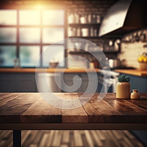 Empty wooden table and blurred kitchen white wall background Wood table top on blur kitchen counter