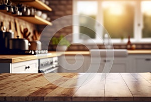 Empty wooden table and blurred kitchen white wall background Wood table top on blur kitchen counter