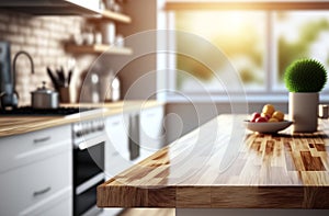 Empty wooden table and blurred kitchen white wall background Wood table top on blur kitchen counter