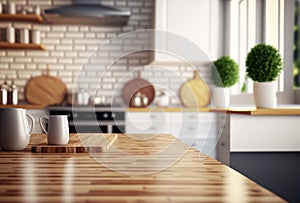 Empty wooden table and blurred kitchen white wall background Wood table top on blur kitchen counter