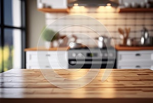 Empty wooden table and blurred kitchen white wall background Wood table top on blur kitchen counter