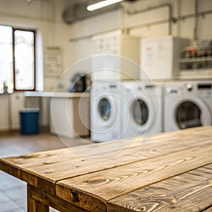 Empty Wooden Table in Blurred Laundry Room with Washing Machine
