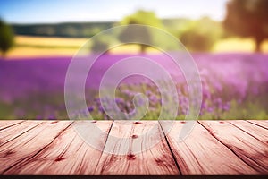 Empty wooden table and blurred lavender field in background for product placement. Generative ai