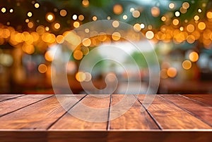 Empty wooden table with bokeh lights blurred of table and chair cafe outdoor background