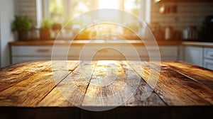 Empty wooden table in a bright kitchen with sun shining through window