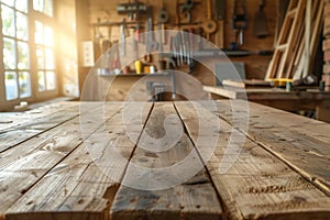 Empty wooden table in a carpenter workshop with carpenter\'s tools