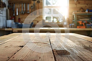 Empty wooden table in a carpenter workshop with carpenter\'s tools