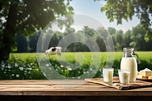 Empty wooden table with cheese and glass of milk. Cows grazing in the meadow in the background. Natural stage, background suitable