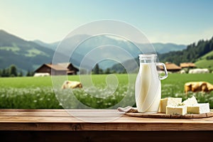 Empty wooden table with cheese and glass of milk. Cows grazing in the meadow in the background. Natural stage, background suitable