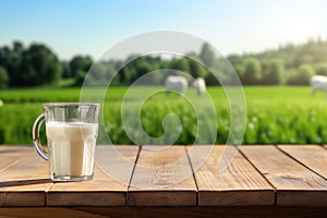 Empty wooden table with cheese and glass of milk. Cows grazing in the meadow in the background. Natural stage, background suitable