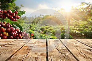 empty wooden table with coffee plantation and ripe red coffee beans as background