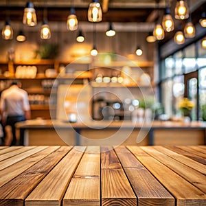 Empty wooden table with coffee shop backdrop photo