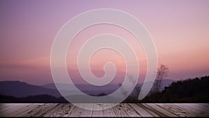 Empty Wooden Table counter on Sunset Nature with Forest and Mountain