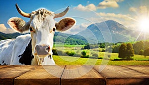 Empty Wooden Table and a Dairy Cow on a Countryside Landscape - Generative Ai