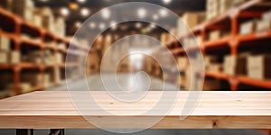 Empty wooden table on defocused blurred shelves in warehouse background