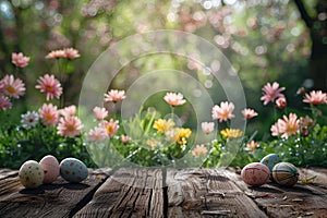 Empty wooden table with Easter eggs on the background of a blooming garden