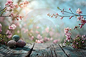 Empty wooden table with Easter eggs on blooming garden background