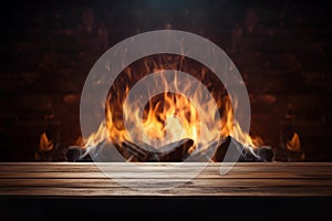 empty wooden table with fireplace on the background