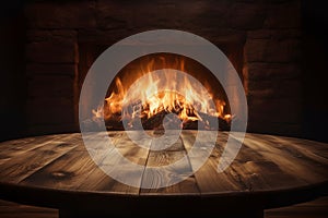 empty wooden table with fireplace on the background