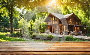 An empty wooden table in the foreground, with a blurred country house in the background against a verdant garden setting