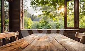 An empty wooden table in the foreground, with a blurred country house in the background against a verdant garden setting