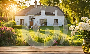 An empty wooden table in the foreground, with a blurred country house in the background against a verdant garden setting