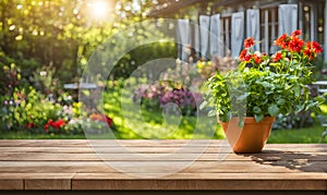 An empty wooden table in the foreground, with a blurred country house in the background against a verdant garden setting