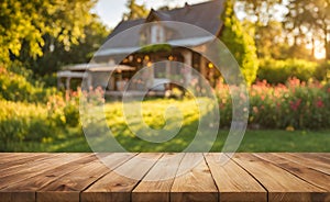 An empty wooden table in the foreground, with a blurred country house in the background against a verdant garden setting