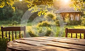 An empty wooden table in the foreground, with a blurred country house in the background against a verdant garden setting