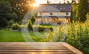 An empty wooden table in the foreground, with a blurred country house in the background against a verdant garden setting