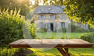 An empty wooden table in the foreground, with a blurred country house in the background against a verdant garden setting