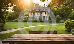 An empty wooden table in the foreground, with a blurred country house in the background against a verdant garden setting