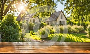 An empty wooden table in the foreground, with a blurred country house in the background against a verdant garden setting