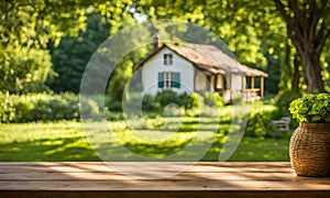 An empty wooden table in the foreground, with a blurred country house in the background against a verdant garden setting