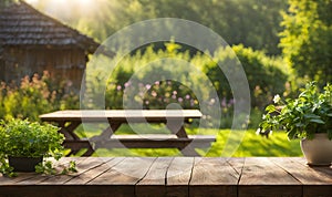 An empty wooden table in the foreground, with a blurred country house in the background against a verdant garden setting