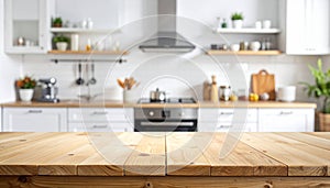 Empty wooden table with a blurred modern kitchen interior backdrop blurred background