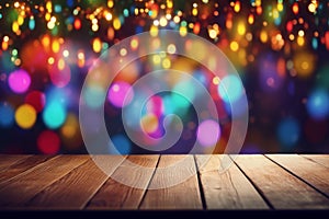 Empty wooden table in front of abstract blurred background of bokeh light for display products
