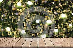 Empty wooden table in front abstract blurred bokeh colorful background